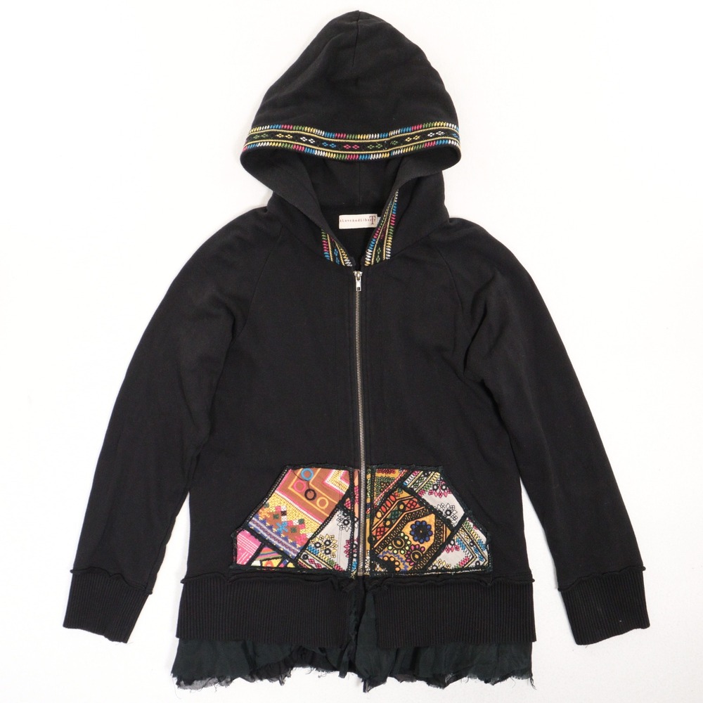VTG Johnny Was 4 Love & Liberty Hoodie Boho Patchwork Embroidered Black Sz Large